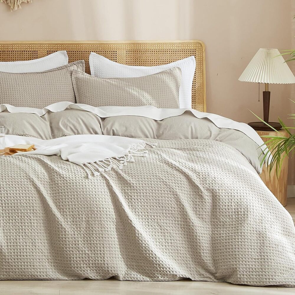Waffle Weave Duvet Cover Set Queen Size, No Snagging Ultra Soft Luxury